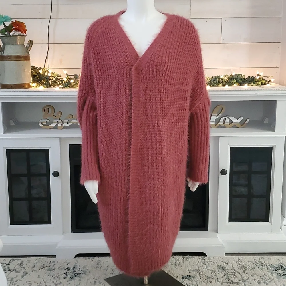 🦜 2/$10 QED London Long Open Front Cardigan in Rust-Orange Color. Large. - Picture 3 of 16